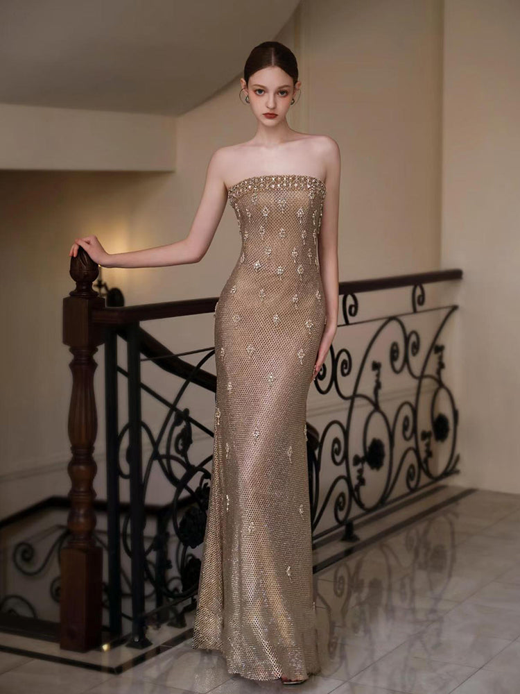 Champagne Beaded Strapless Mermaid Evening Dress with Tulle Shawl E014