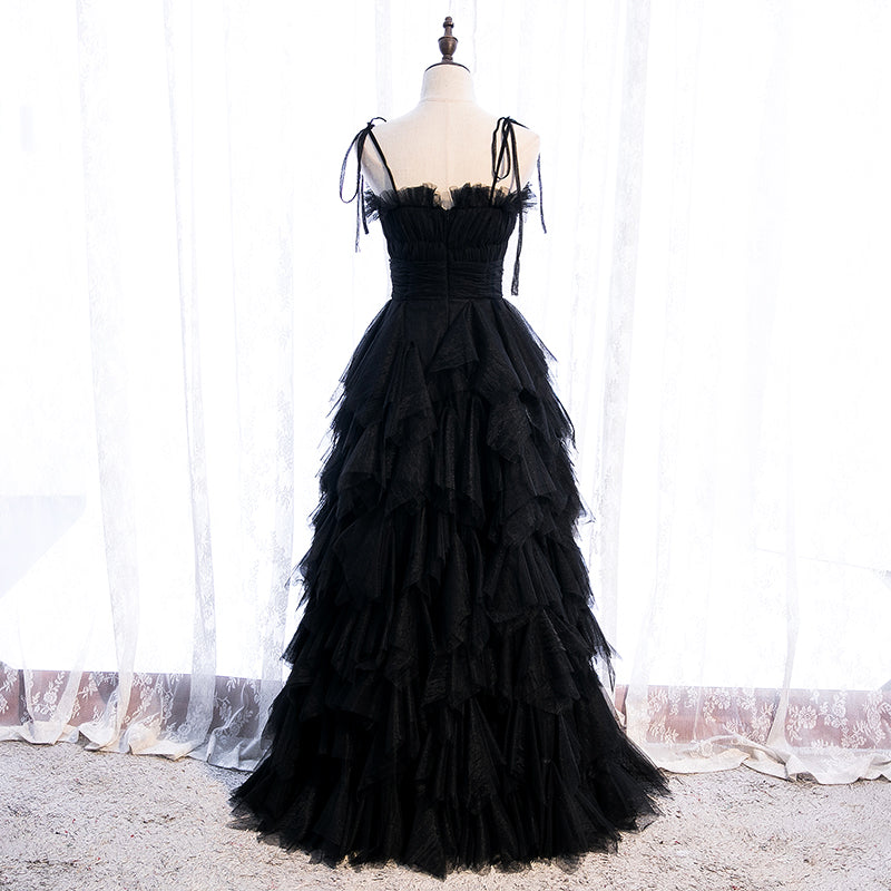 Black Tiered Tulle Evening Dress with String Straps E045