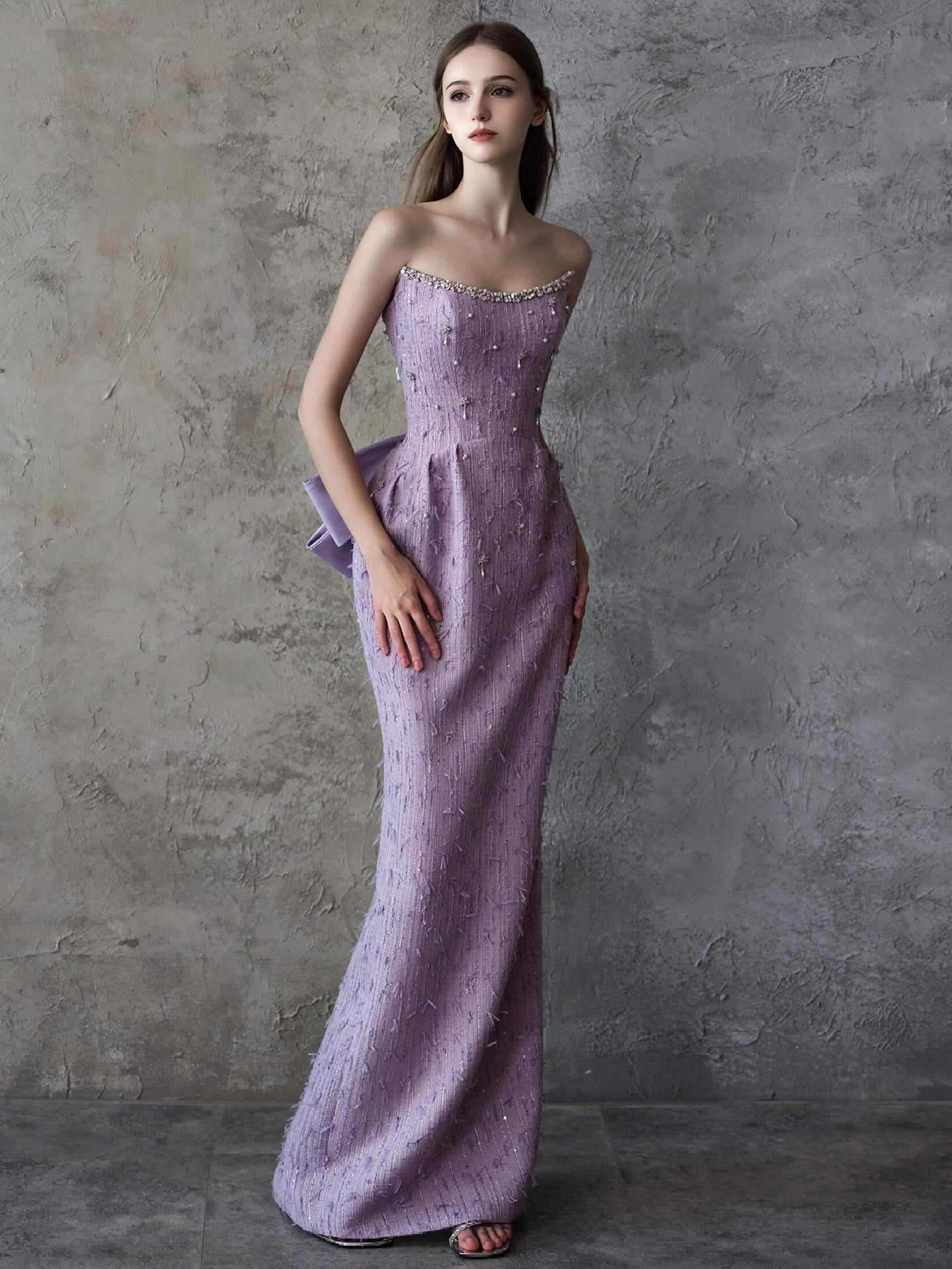 Strapless Beaded Trim Tweed Mermaid Evening Dress E018