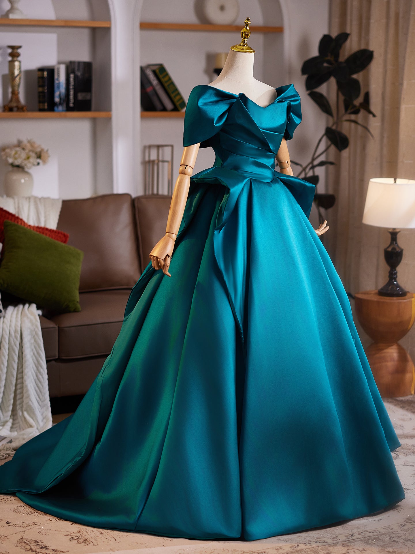 Teal Off Shoulder Satin Evening Dress with Bow Details E039