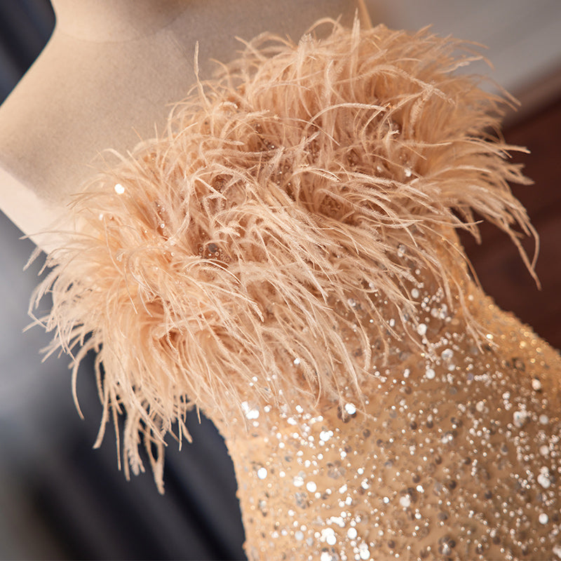 Champagne Feather - Trimmed Evening Dress with Sequins E037