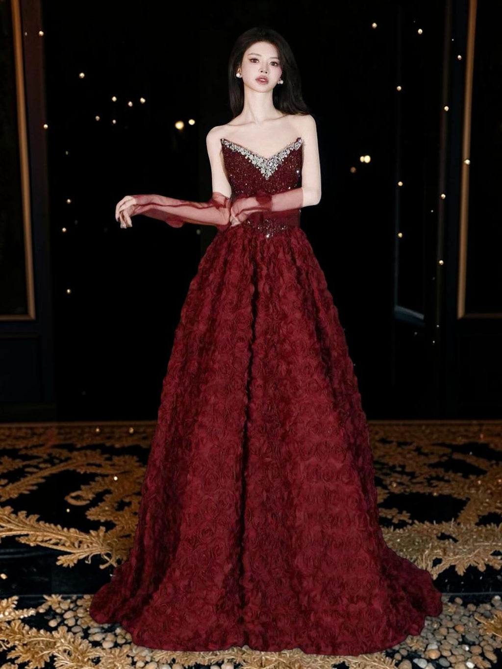 Stunning Burgundy Rose Couture Gown 2026 New Year Gala Red Carpet Masterpiece CM118