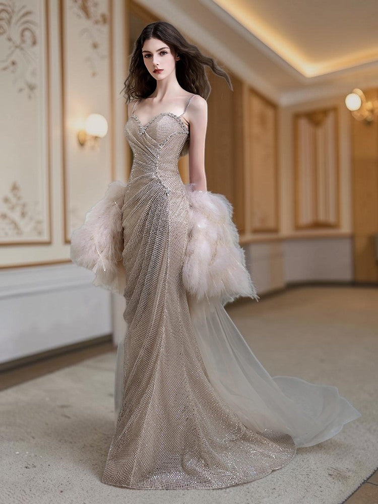 Glamorous Beaded Spaghetti Strap Evening Dress with Feather Cape E012