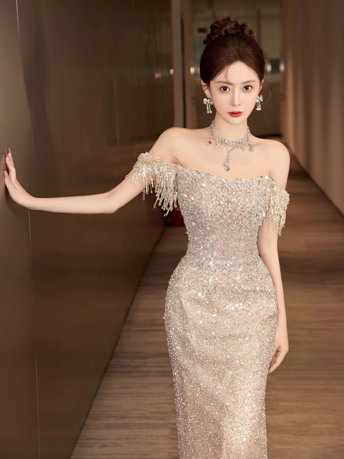 Sparkly Ombre Off - Shoulder Mermaid Evening Dress E010