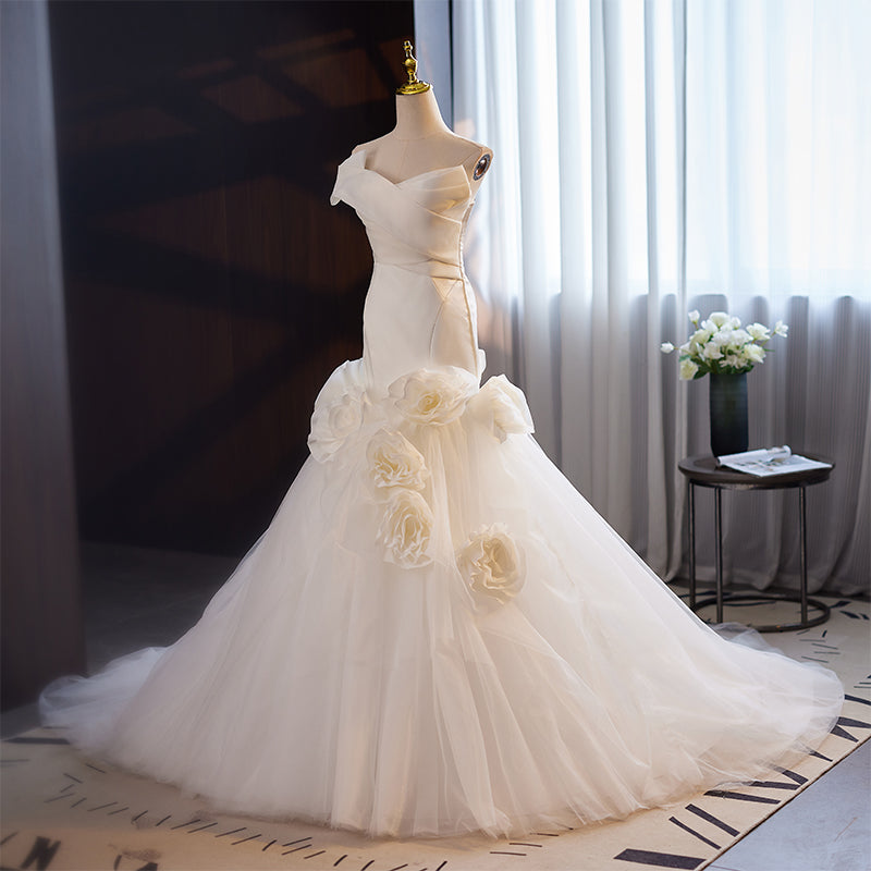 White Off Shoulder Evening Dress with 3D Floral Tulle Skirt E040