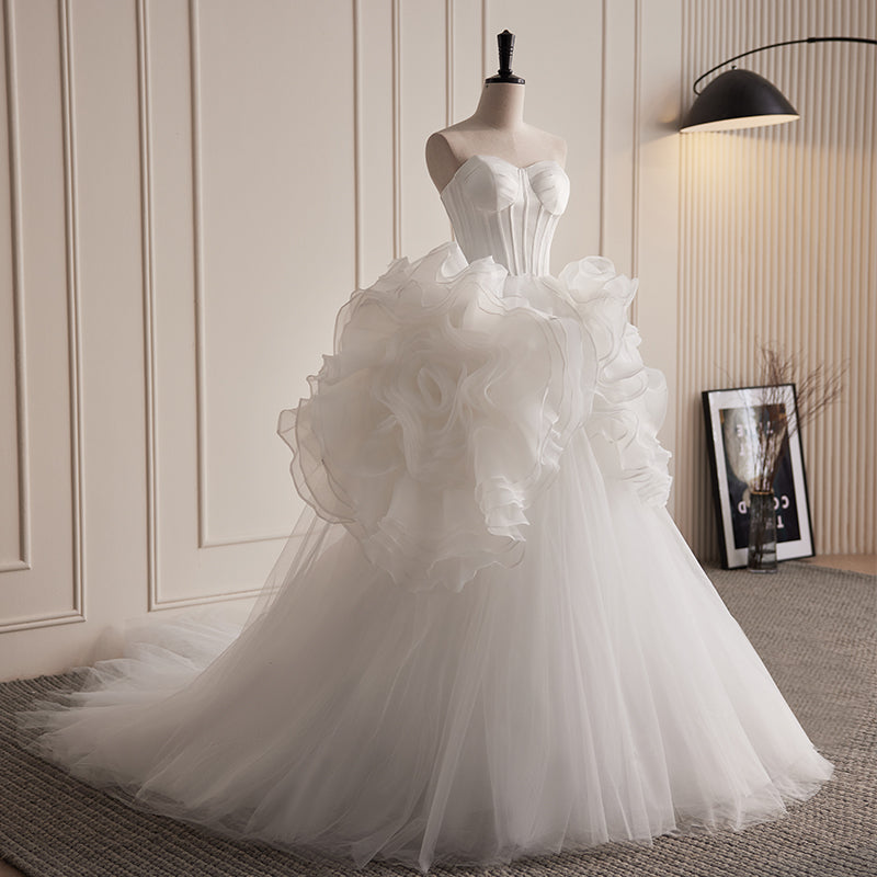 White Tulle Evening Dress with Ruffled Organza Skirt E034