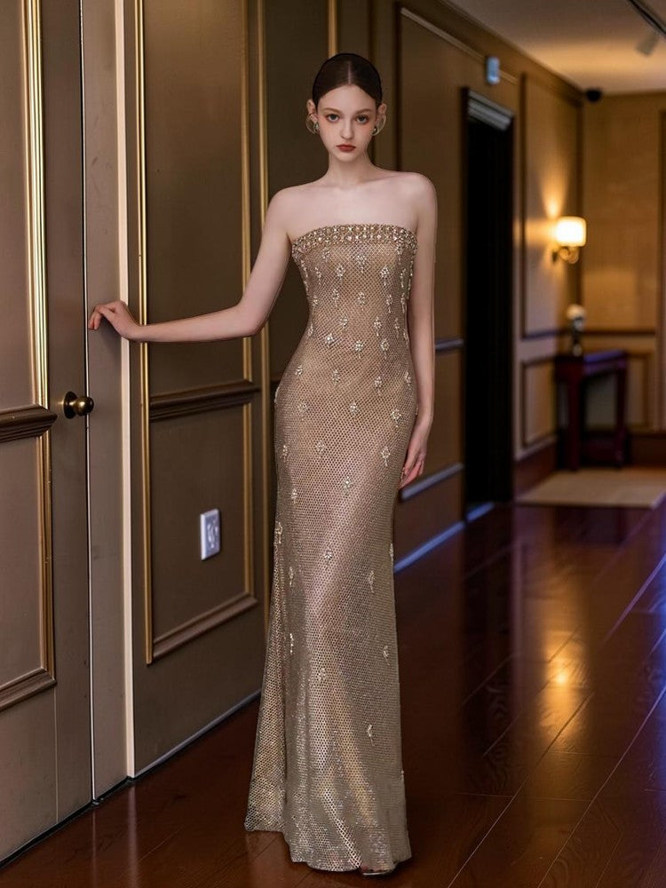 Champagne Beaded Strapless Mermaid Evening Dress with Tulle Shawl E014