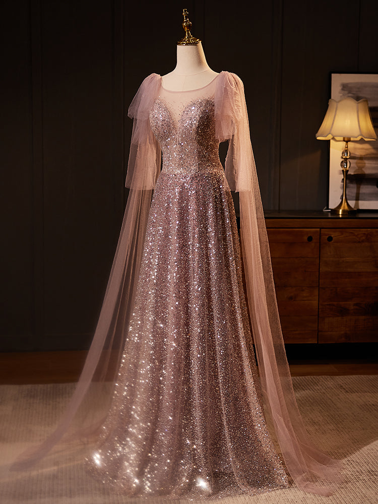 Pink Sequined Evening Dress with Sheer Cape Sleeves E029