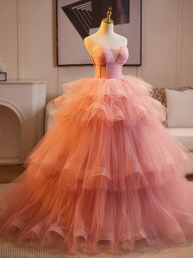 Pink Tiered Tulle Ball Gown Evening Dress E048