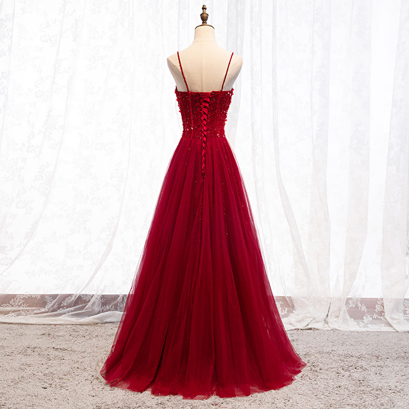 Red Spaghetti Strap Evening Dress with Beaded Bodice E038