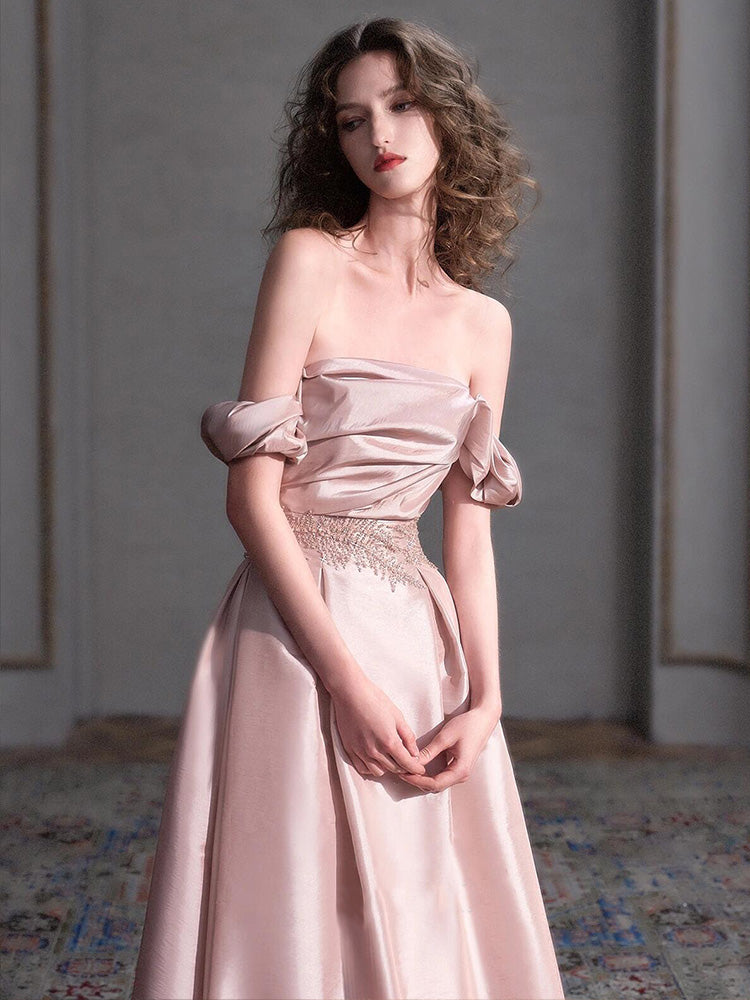 Blush Pink Off Shoulder Satin Evening Dress with Embroidered Waist E052