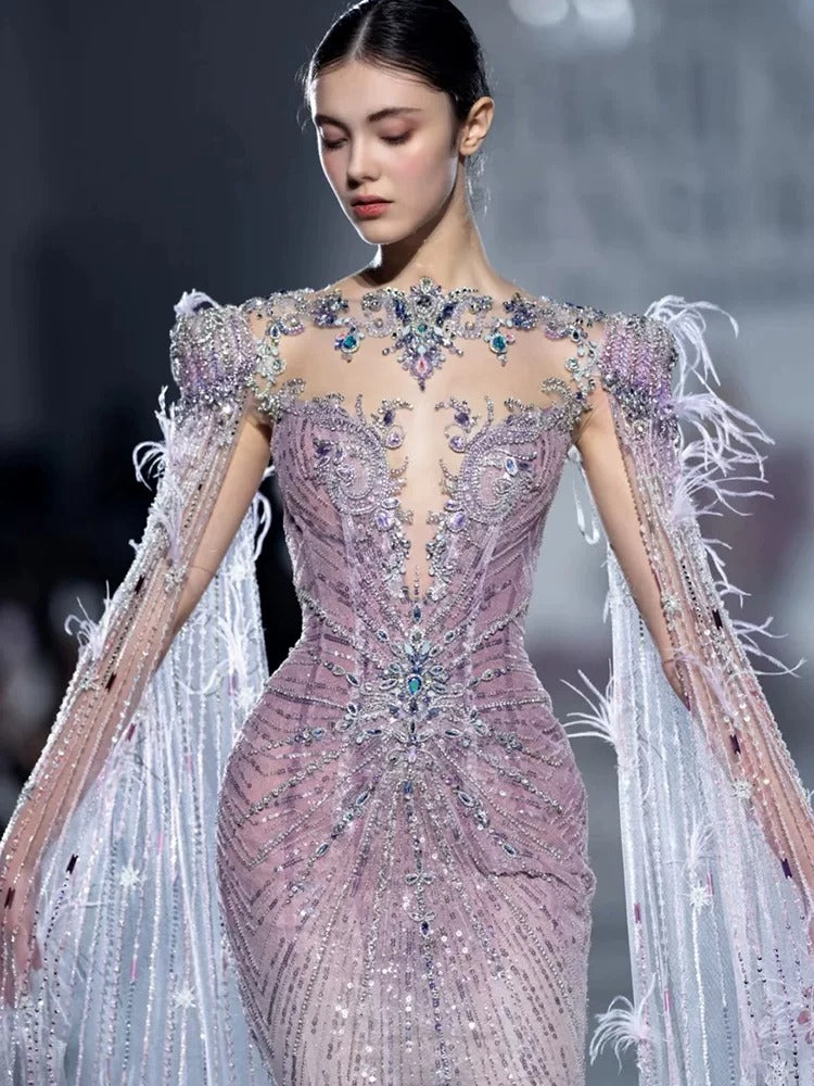 Sparkling Pink Mermaid Dress with Feather Details with Sheer Cape Sleeves SL143