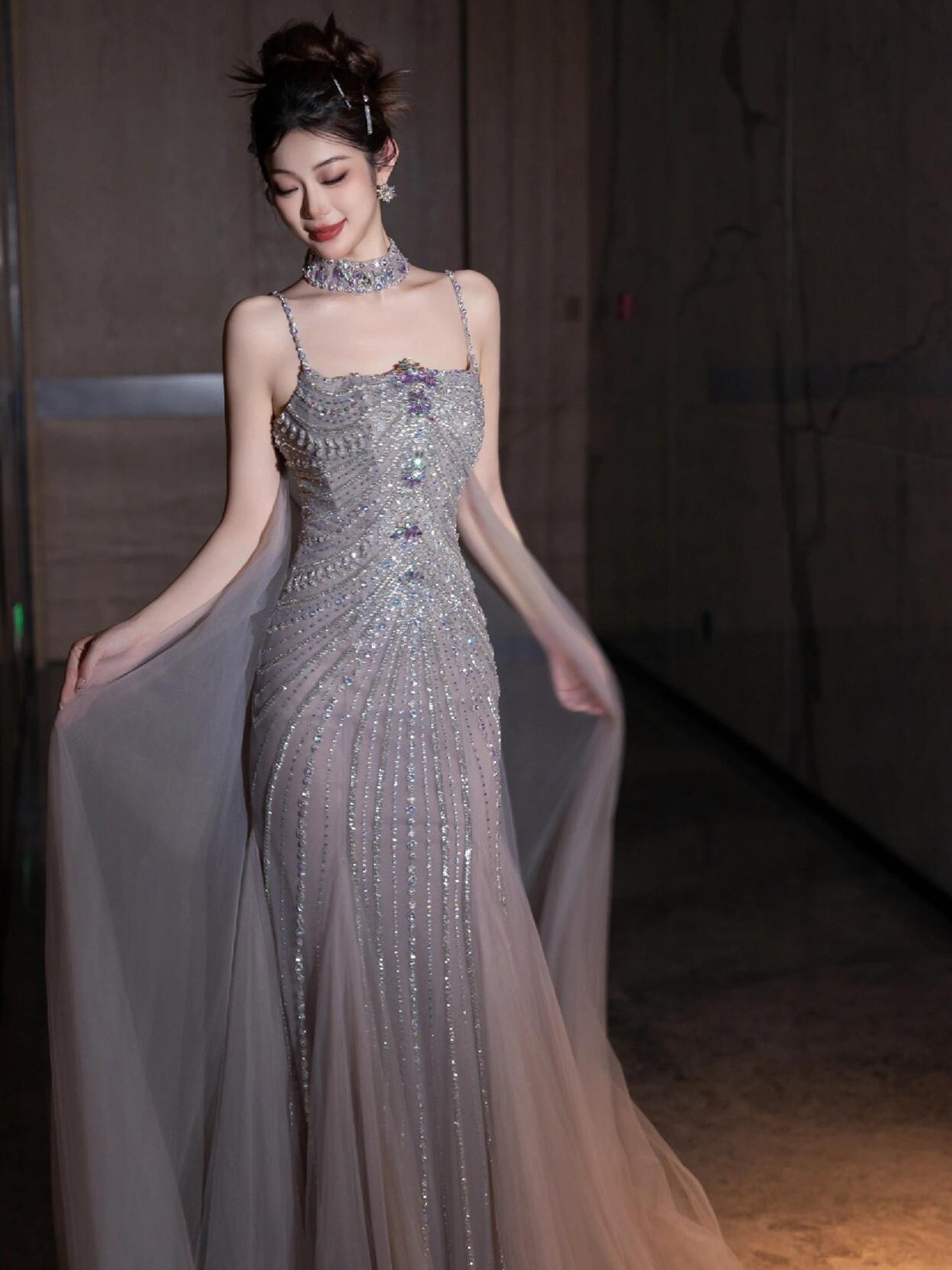 Sparkling Beaded Tulle Mermaid Evening Dress E006