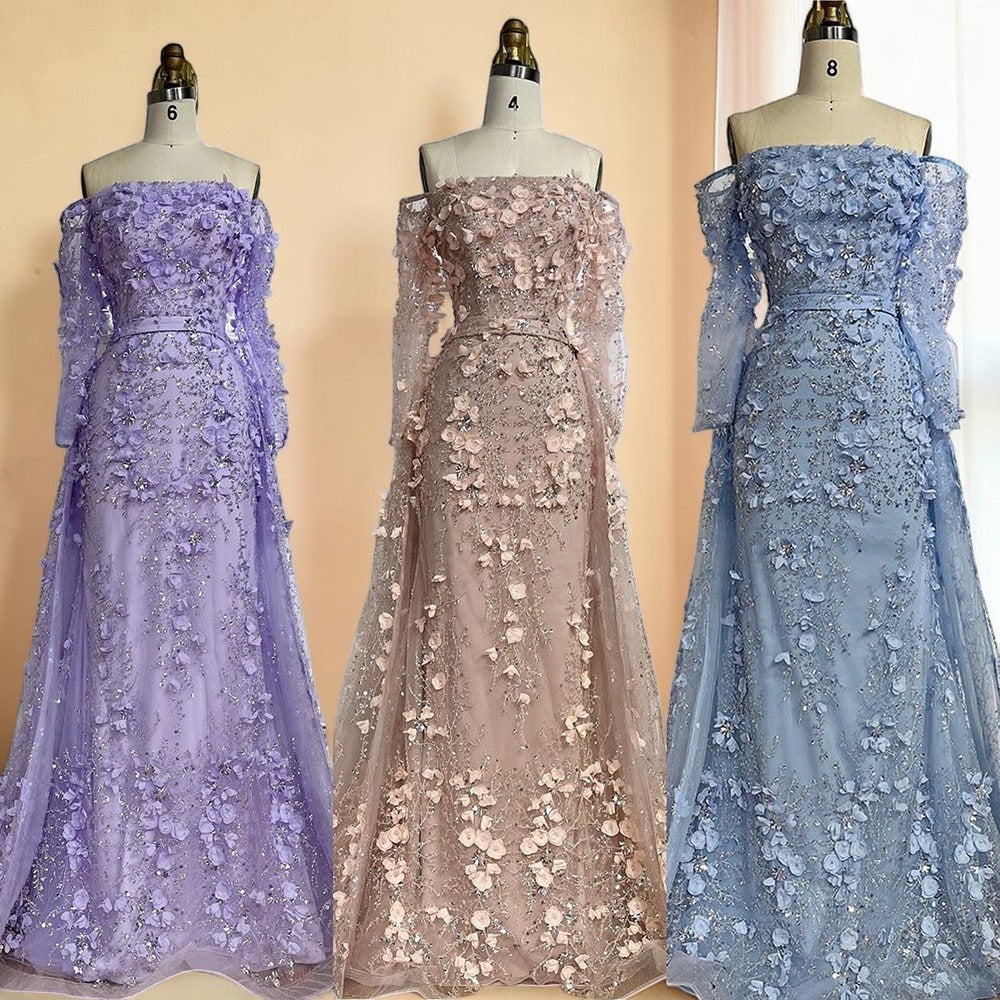 Elegent White Off-Shoulder 3D Floral Evening Gown with Sheer Sleeves SL200