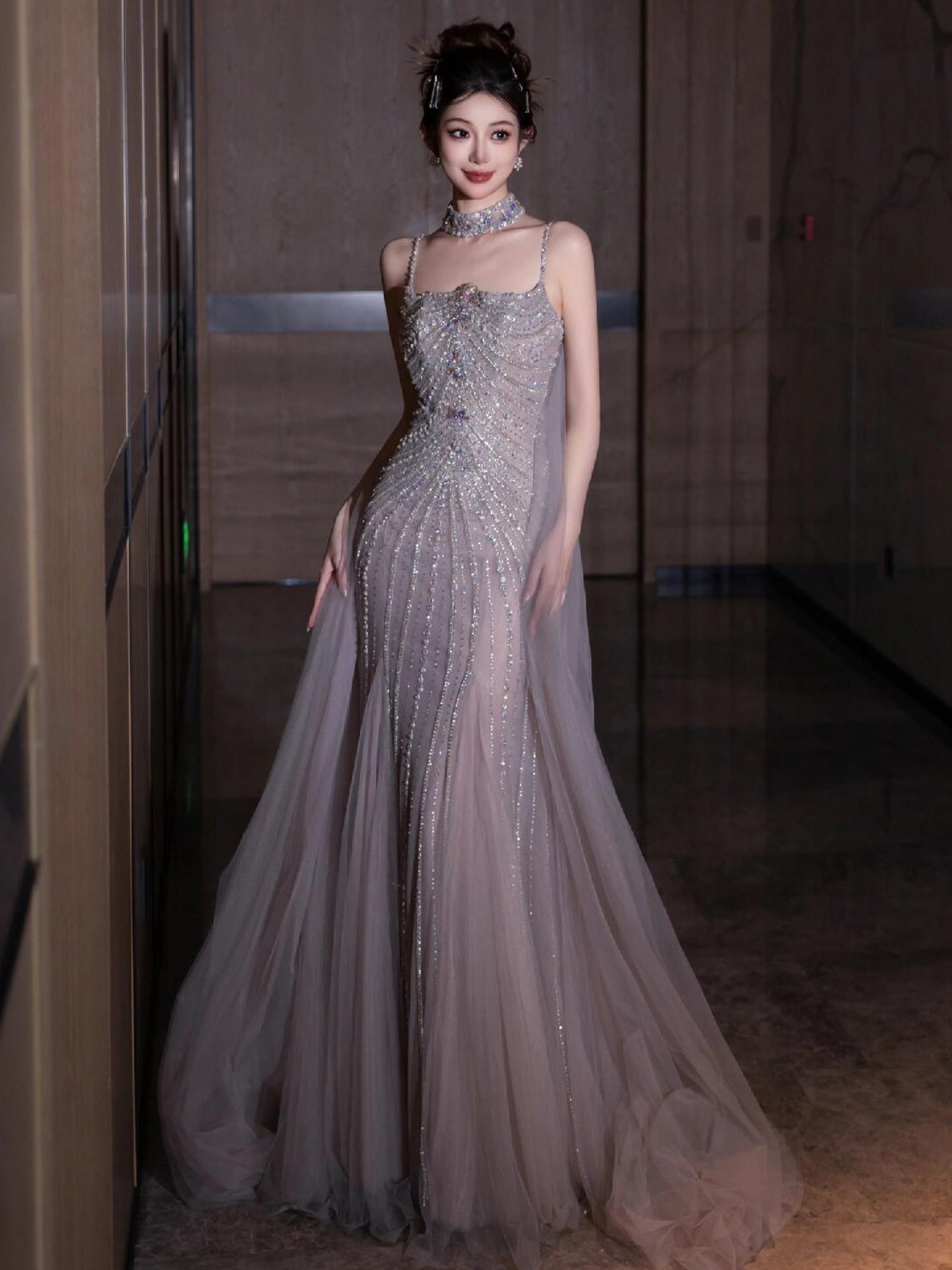 Sparkling Beaded Tulle Mermaid Evening Dress E006