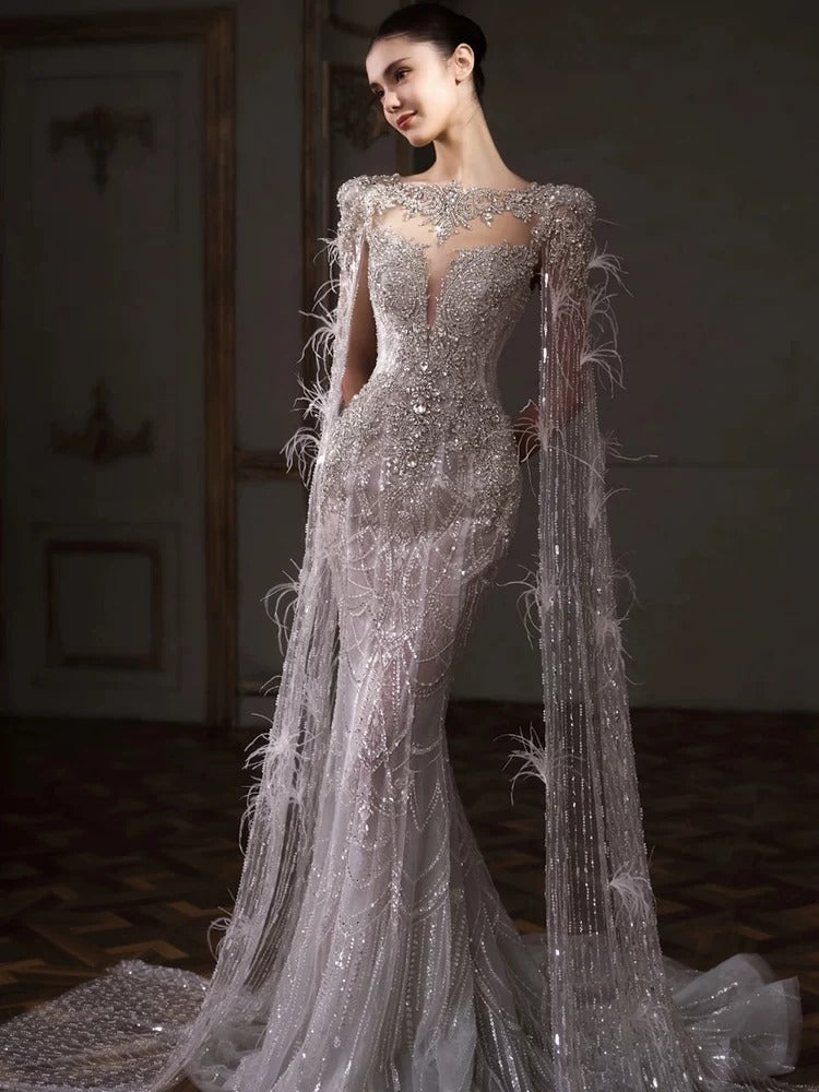 Luxury Silver Beaded Mermaid Wedding Dress with Feather Cape Sleeves SL130