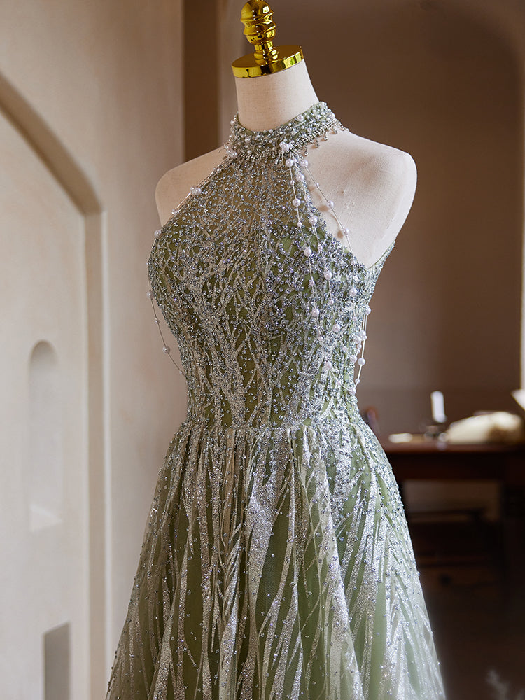 Green Halter Neck Evening Dress with Silver Beadwork E030