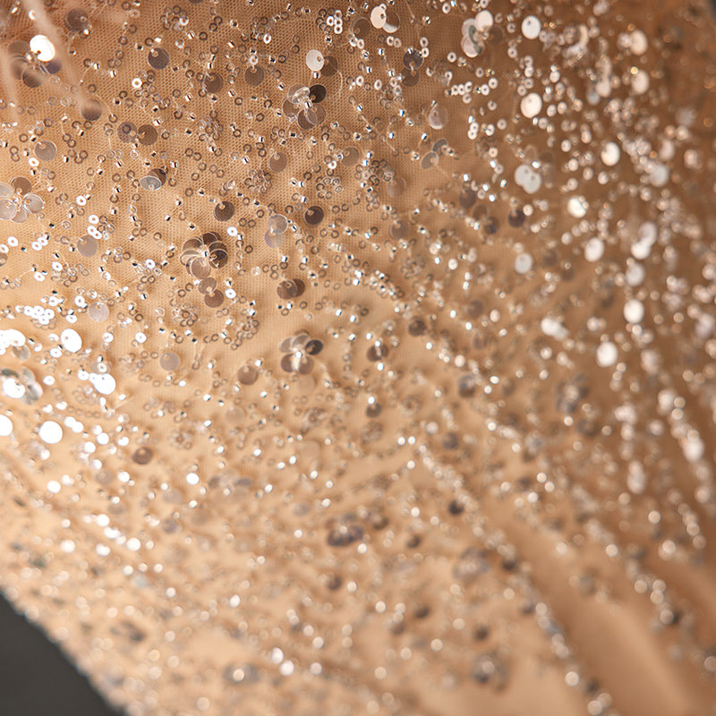 Champagne Feather - Trimmed Evening Dress with Sequins E037