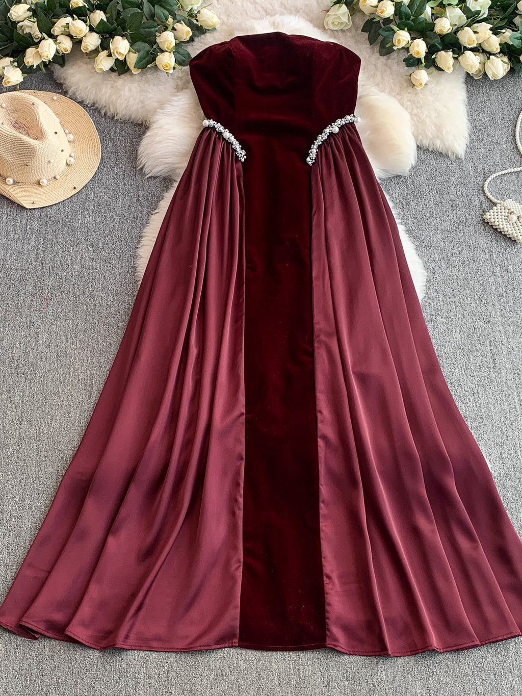 Elegant Burgundy Strapless Evening Dress SY137