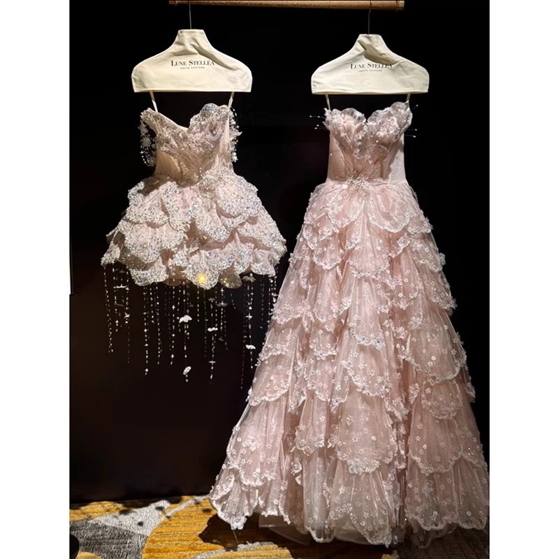 Luxury Blush Pink 3D Floral Layered Tulle Ball Gown Evening Dress YL146