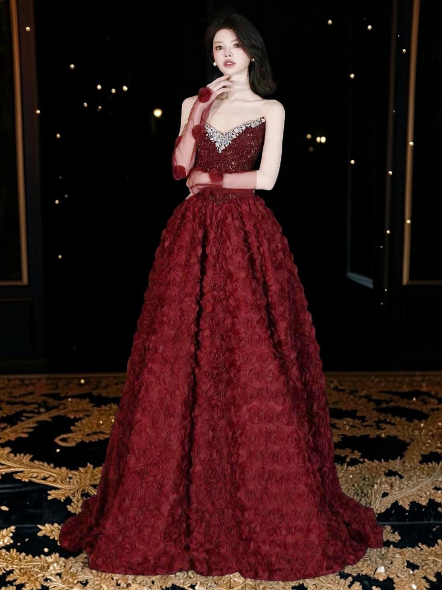 Stunning Burgundy Rose Couture Gown 2026 New Year Gala Red Carpet Masterpiece CM118