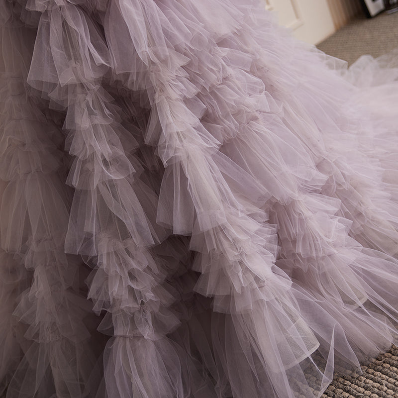 Lavender Off - Shoulder Tiered Tulle Evening Dress E025