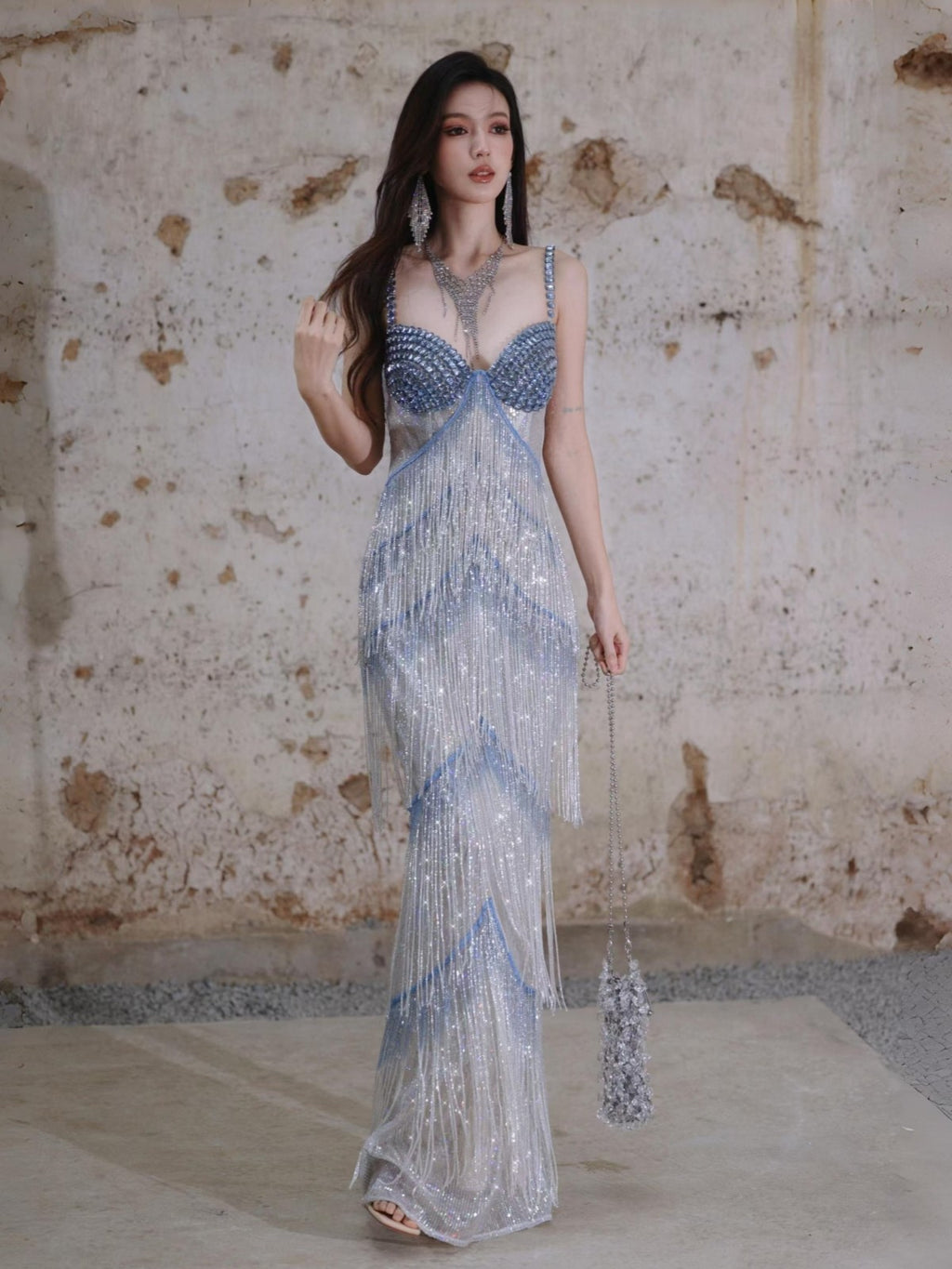 Silver Blue Beaded Spaghetti Strap Column Evening Gown with Crystal Fringe YL130