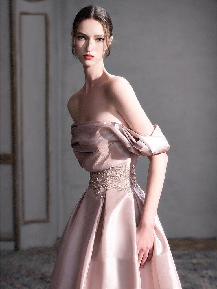 Blush Pink Off Shoulder Satin Evening Dress with Embroidered Waist E052