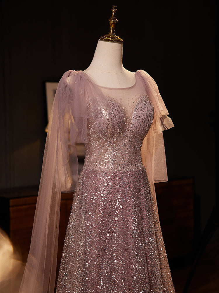 Pink Sequined Evening Dress with Sheer Cape Sleeves E029