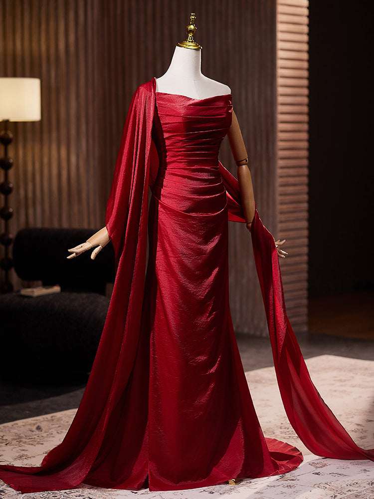 Red Satin Evening Dress with Draped Sleeves E047