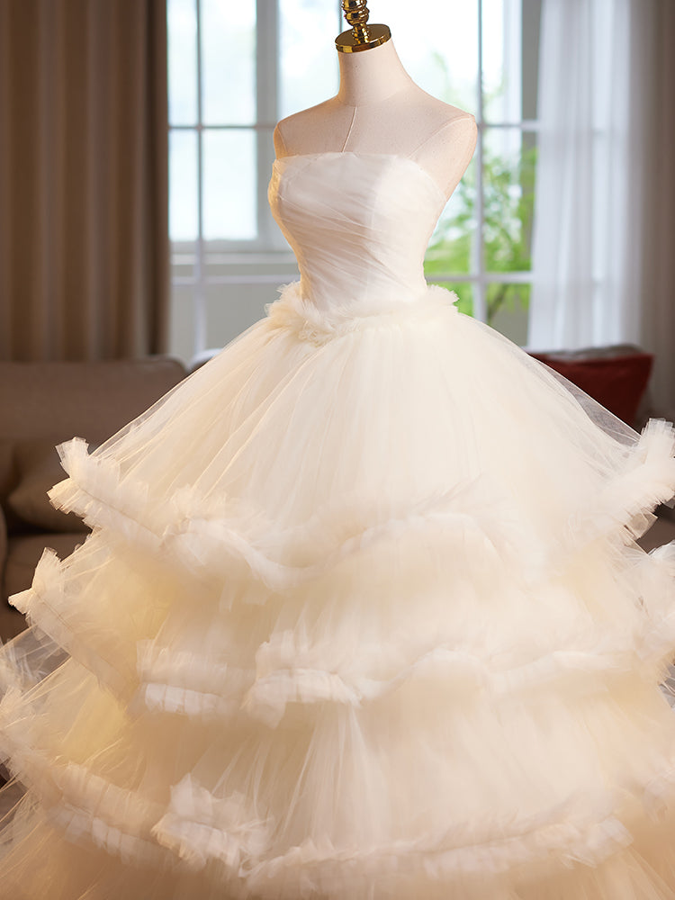 Ivory Strapless Tiered Tulle Evening Dress E026