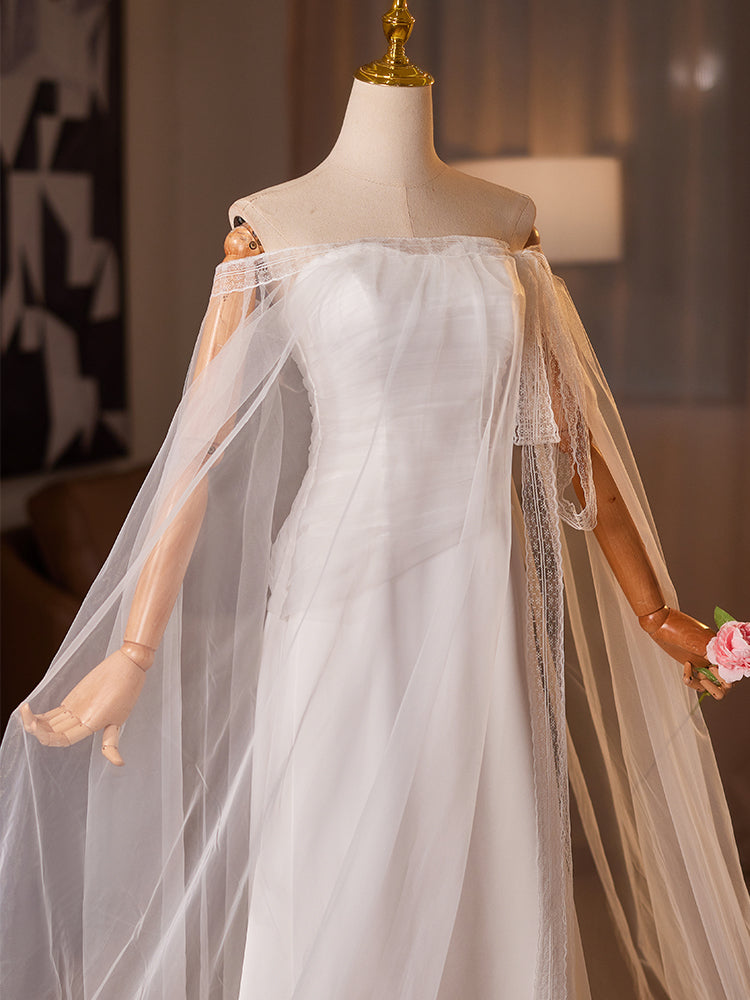 White Off Shoulder Evening Dress with Sheer Cape Sleeves E041