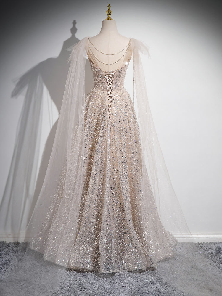 Champagne Sequin Evening Dress with Sheer Cape Sleeves E053