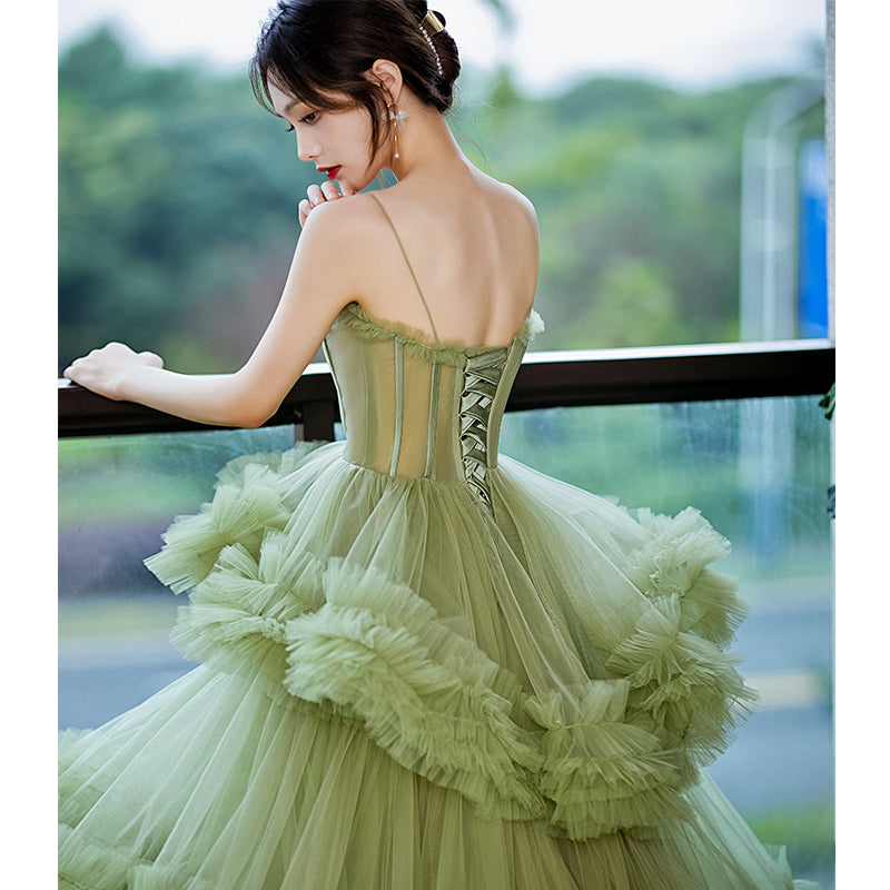 Green Tulle Ruffled Spaghetti Strap Evening Dress E009