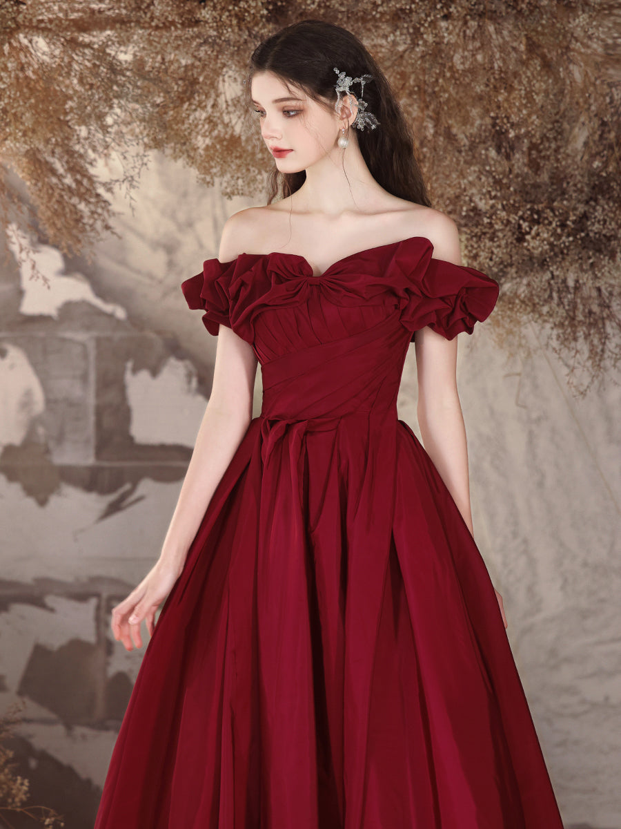 Burgundy Off - Shoulder Ruffled Ball Gown Evening Dress E016