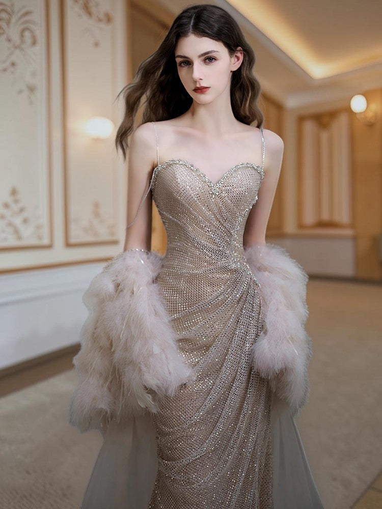 Glamorous Beaded Spaghetti Strap Evening Dress with Feather Cape E012