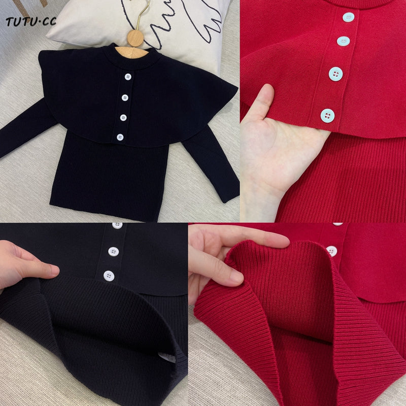 Little Princess Black Capelet Top Voluminous Red Skirt Outfit for Chrismas