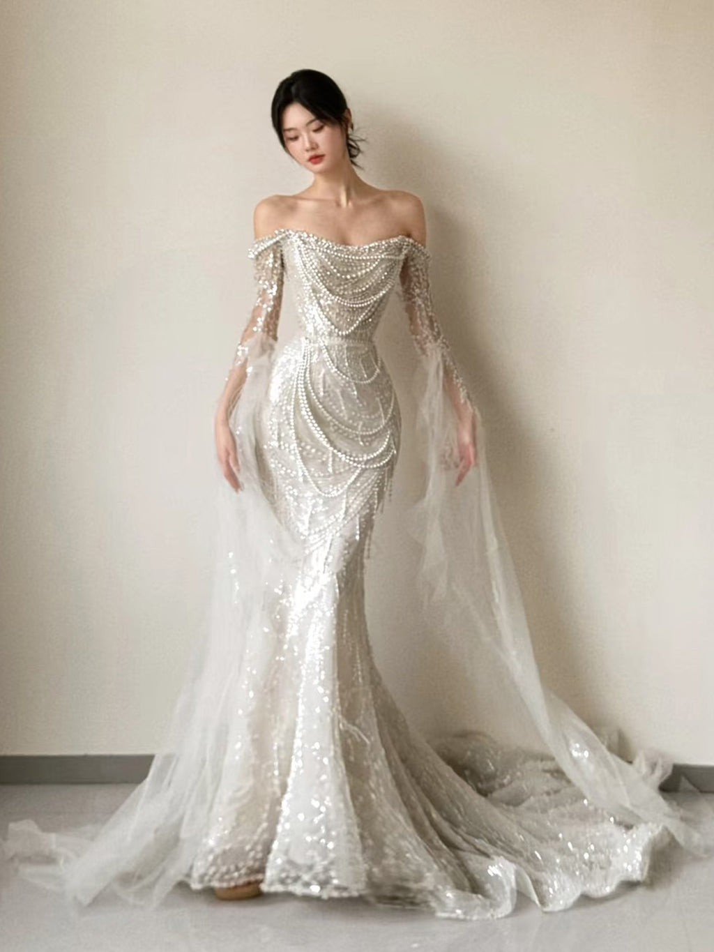  Off Shoulder Pearl Embellished Mermaid Evening Dress with Tulle Cape E004