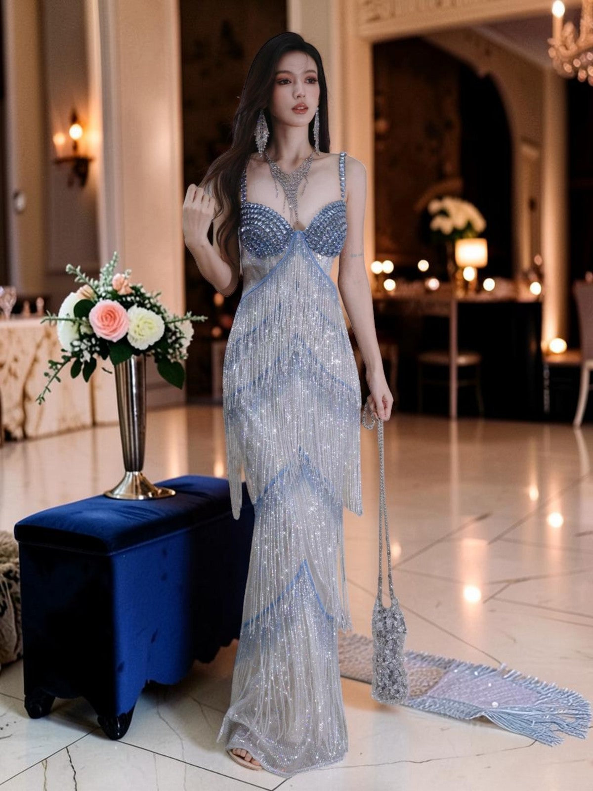 Silver Blue Beaded Spaghetti Strap Column Evening Gown with Crystal Fringe YL130