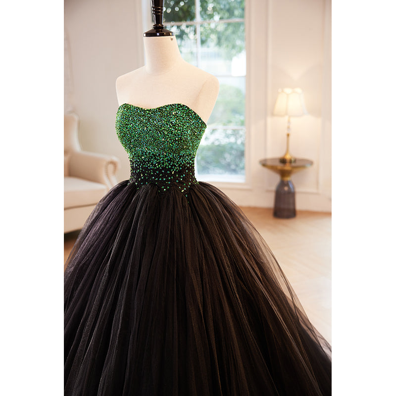 Black Tulle Ball Gown Evening Dress with Green Beaded Bodice E049