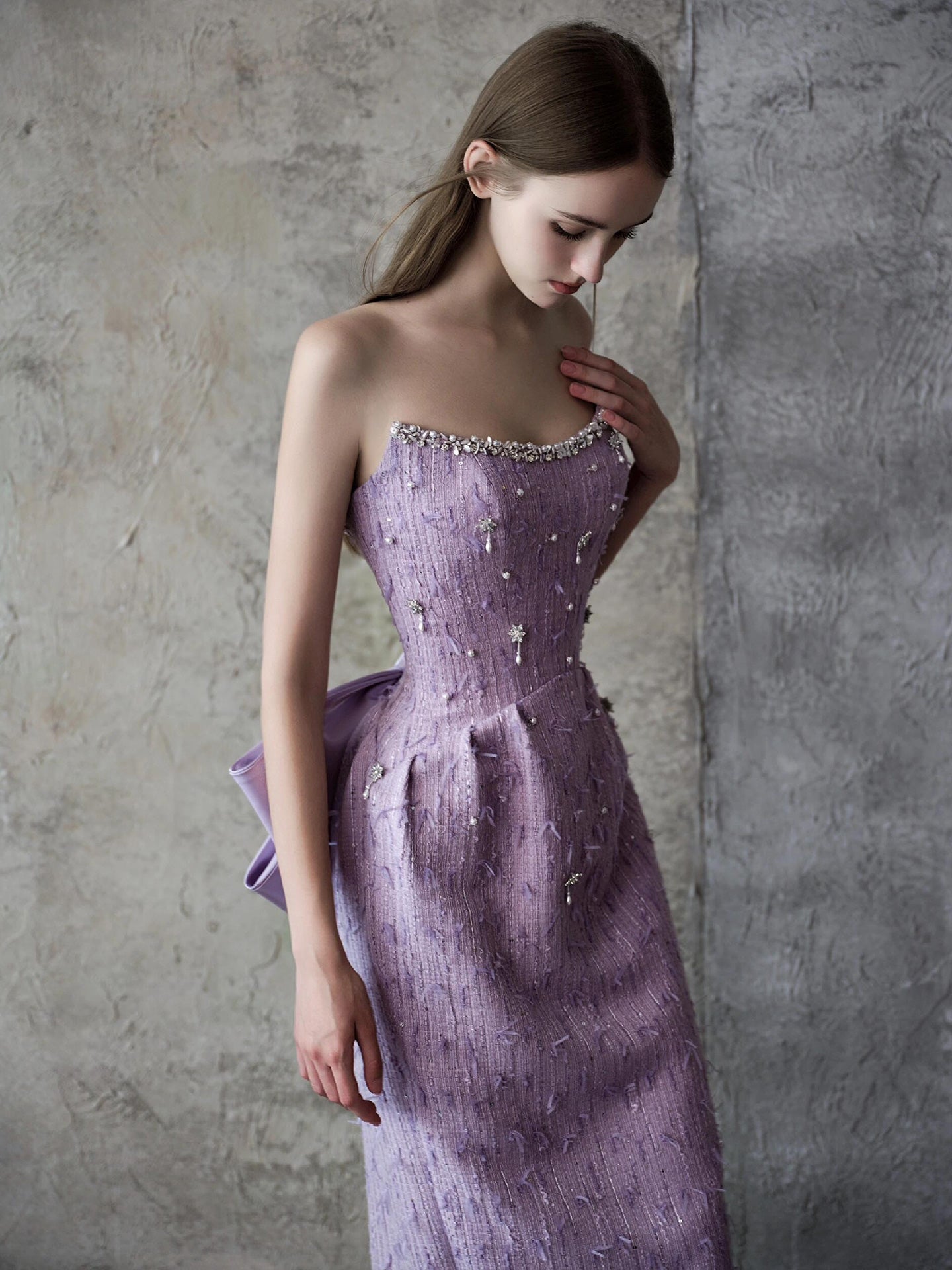 Strapless Beaded Trim Tweed Mermaid Evening Dress E018