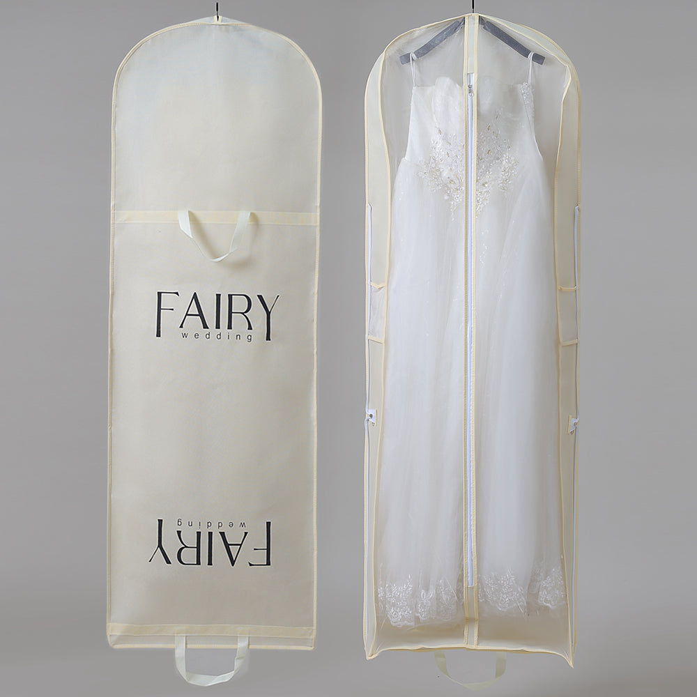Wedding Dress Storage Bag with Zipper Large Dustproof Cover in Beige Custom Printed Logo Garment Protector