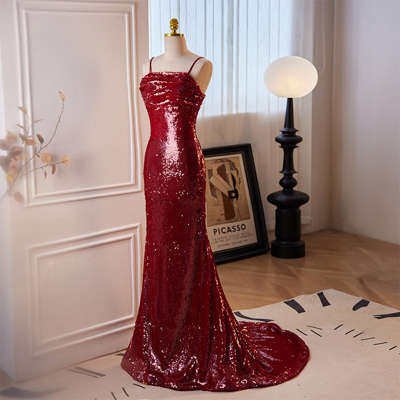 Red Sequin Spaghetti Strap Mermaid Evening Dress E050