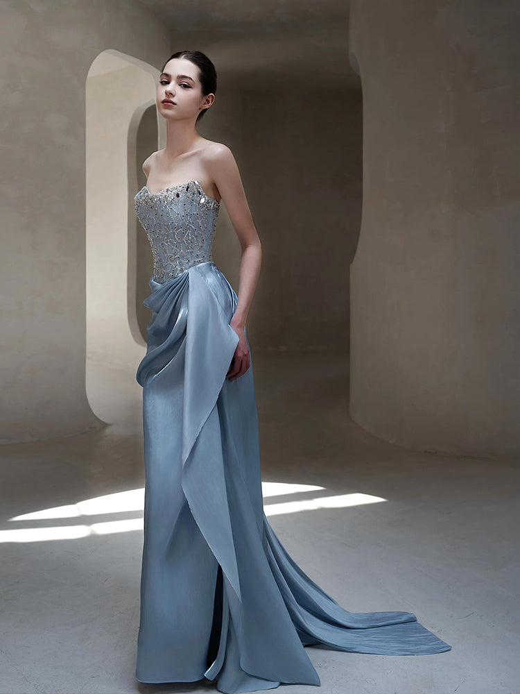 Strapless Beaded Bodice Satin Evening Dress with Draped Train E017