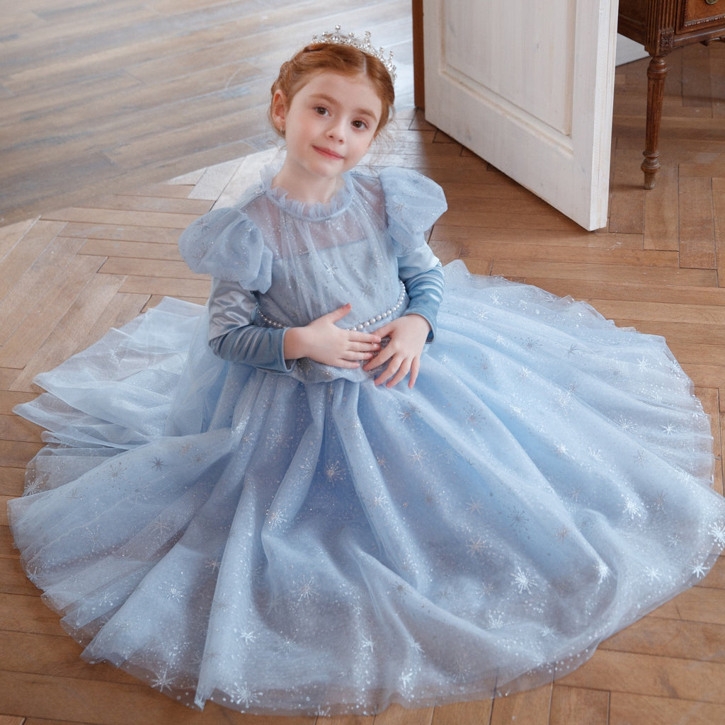 New Arrival Girls' Light Blue Sequin Tulle Dress Premium Puffy Christmas Birthday Formal Wear