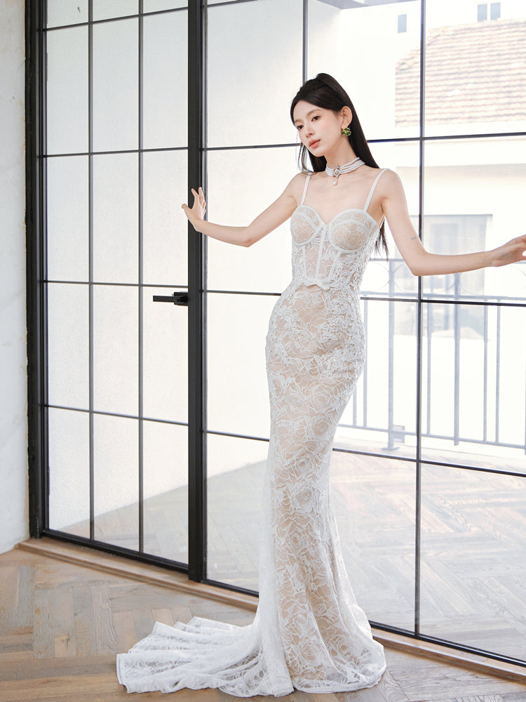 Heavy-duty Jacquard Lace Bodycon Fishtail Skirt White Morning Robe Wedding Dress Y111