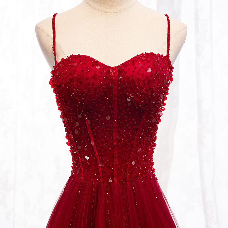 Red Spaghetti Strap Evening Dress with Beaded Bodice E038