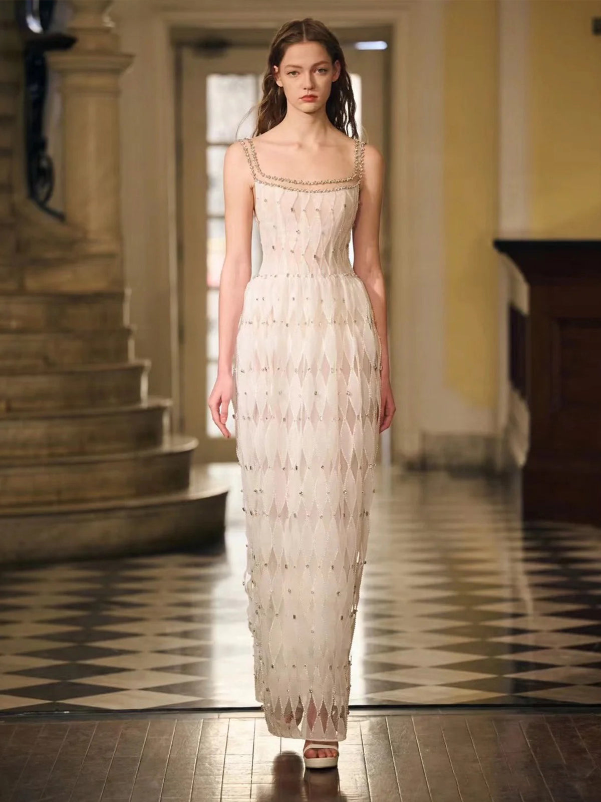 Sleeveless Diamond Patterned Sheer Evening Dress E003