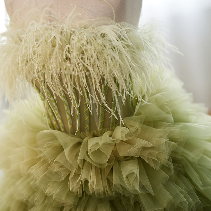 Green Tiered Tulle Evening Dress with Feather Strapless Neckline E033