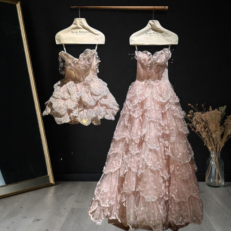 Luxury Blush Pink 3D Floral Layered Tulle Ball Gown Evening Dress YL146